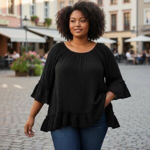 Style & Co Black Boxy Ruffled 3/4 Sleeve Blouse